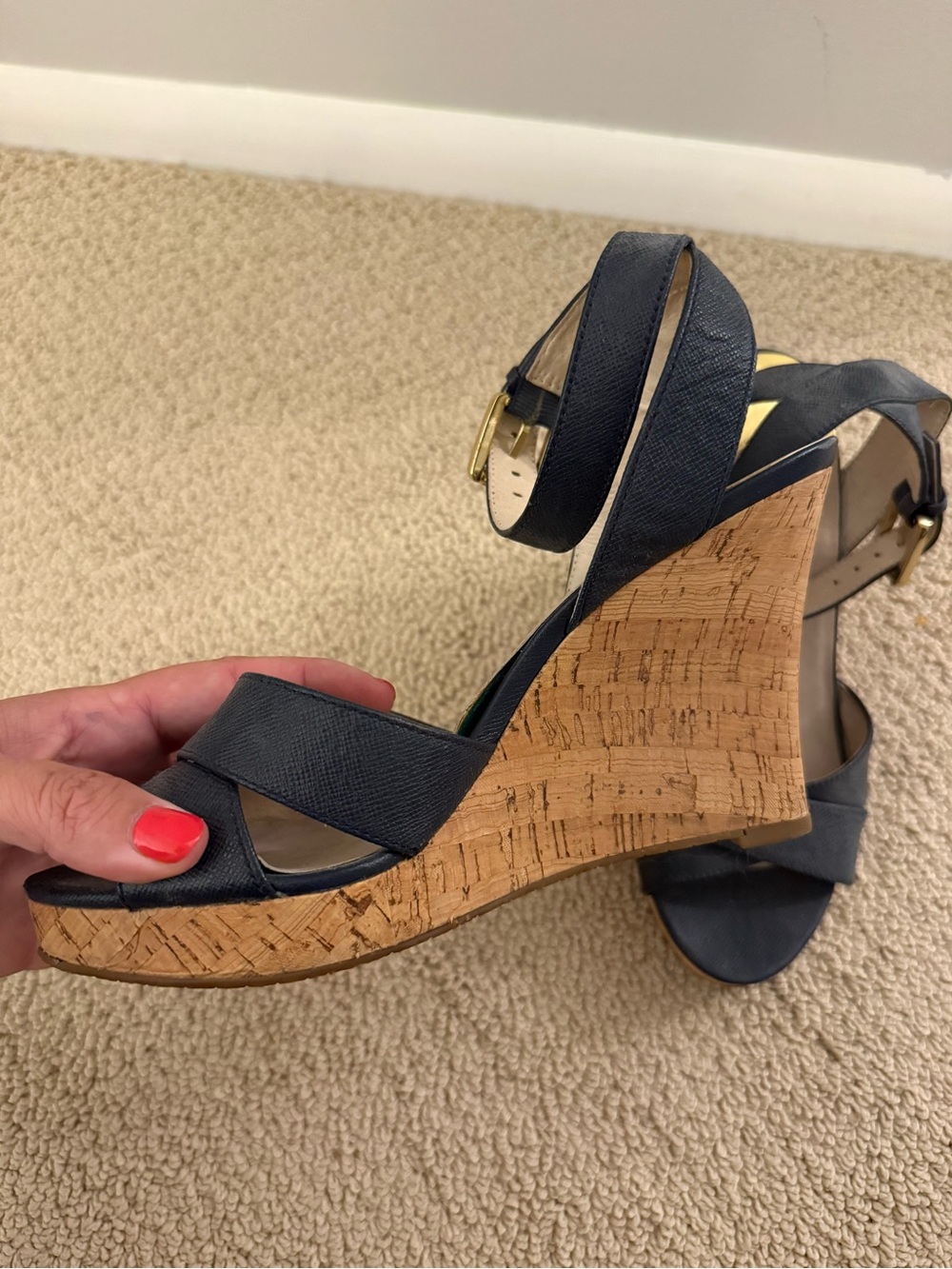 Michael Kors Navy Leather Wedge Sandals with Cork Heel - Picture 3 of 7
